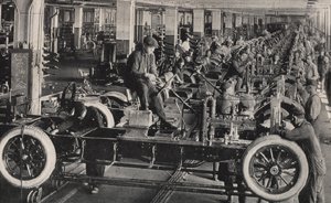 assembly line of antique car manufacturing plant